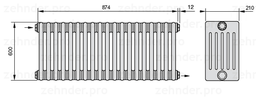 Схема (чертеж) Радиатор Zehnder Charleston 6060/19 №1670 Белый глянцевый RAL 9016